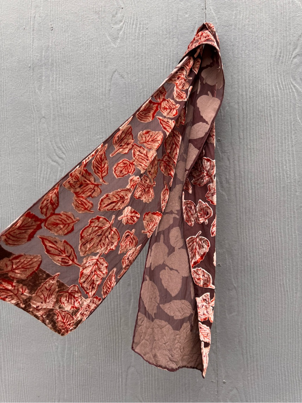 Vintage 90s Velvet Burnout Sheer Fall Leaves Scarf